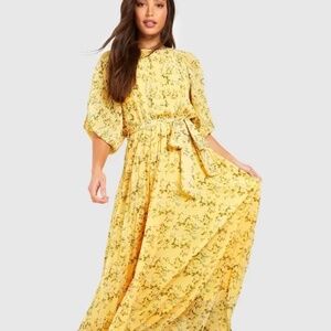 Yellow Pleated Floral Maxi Dress With Belt